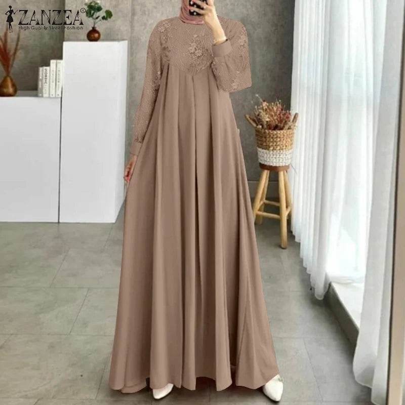 Autumn Muslim Fashion Long Dress ZANZEA Women Long Sleeve O Neck Vestidos Dubai Kaftan Maxi Sundress Robe Elegant Lace Abaya - AIAZ