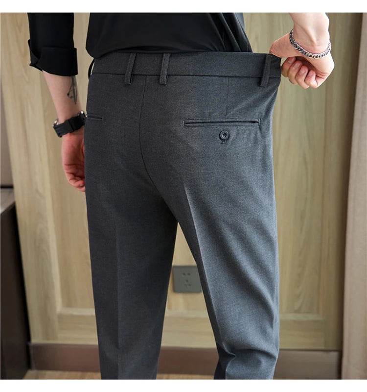 Men's business casual trousers, daily formal work pants, 2024 new high quality, plain color versatile ankle-length trousers. - AIAZ