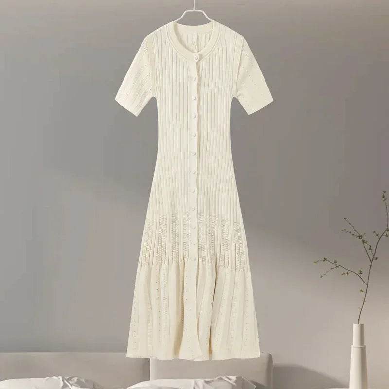 Elegant Knit Dress For Women White Slim O-neck Single Breasted Short Sleeve Long Dresses Female 2025 Spring Fashion Lady Robe - AIAZ