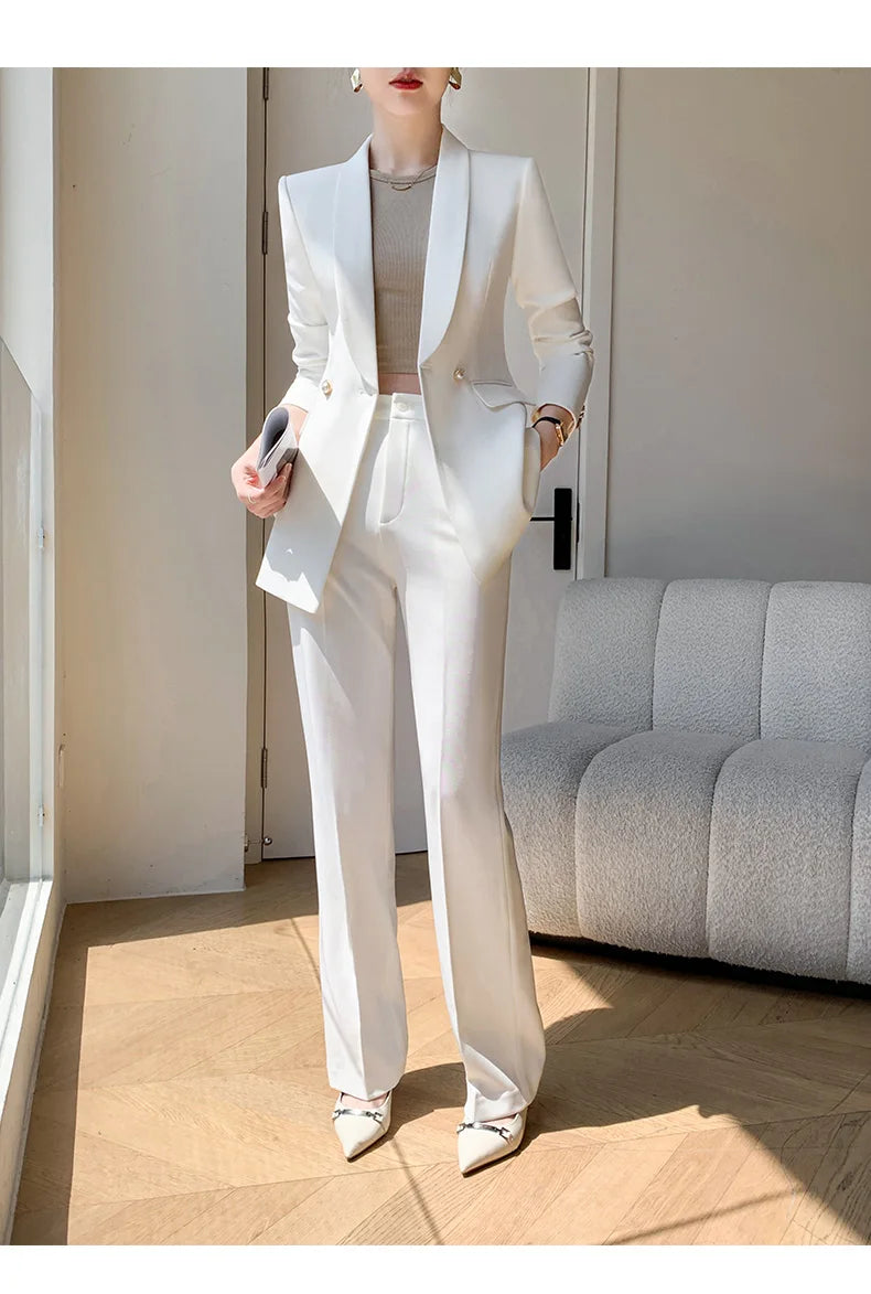 Solid White Suit Women 2025 New Spring Autumn Flares Pants High-Grade Slimming Business Clothing Sets Formal Suits Overalls