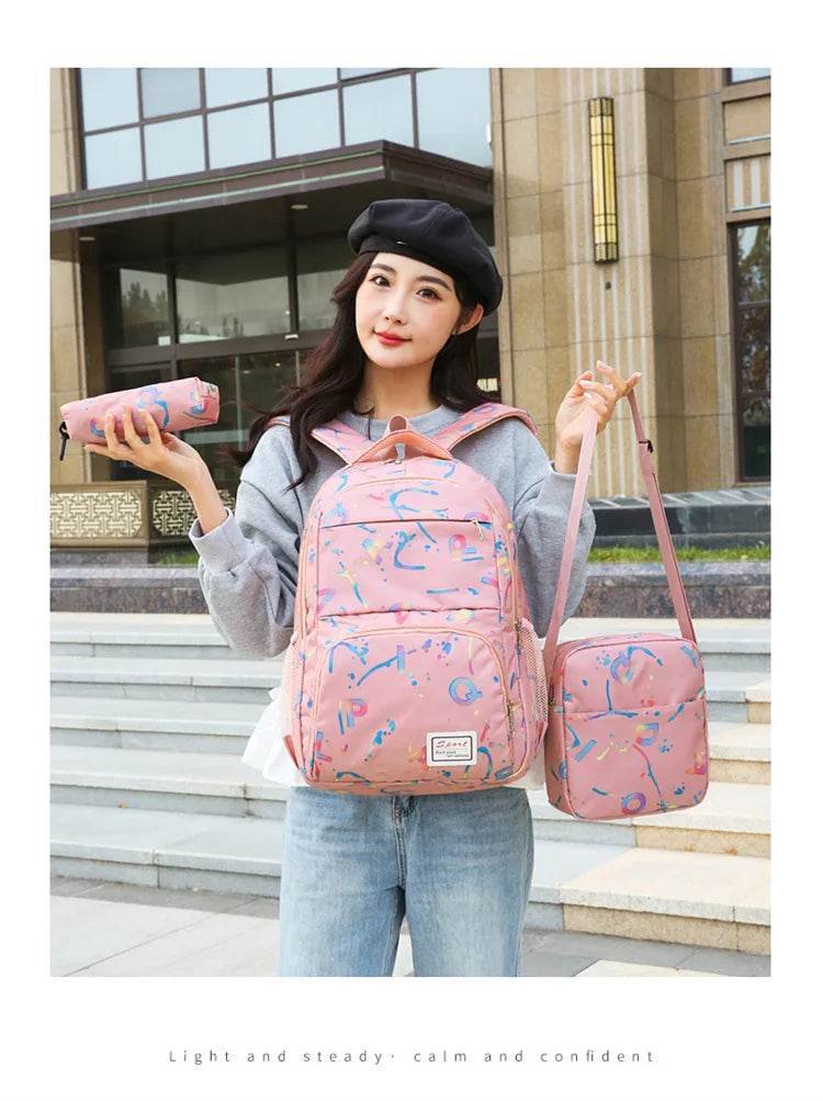 Three piece set of large capacity school backpack versatile letter printed casual backpacks junior high school student schoolbag - AIAZ