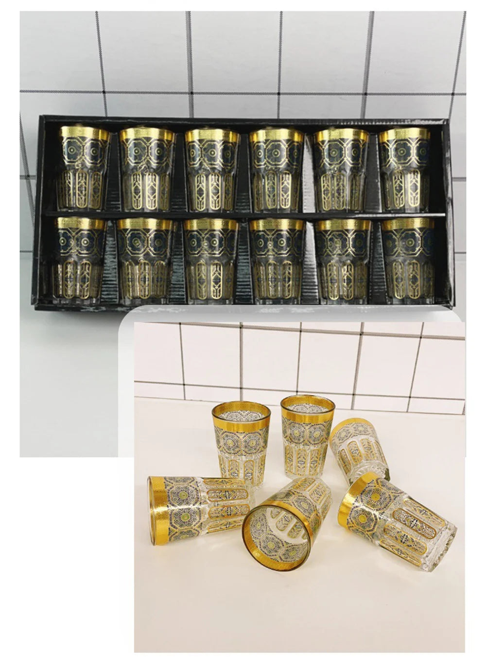 Middle East gold stamping glass teacup, Restaurant coffee cup, Home Decor Table Serving, Moroccan Glass Tea Cup, 12-piece/set
