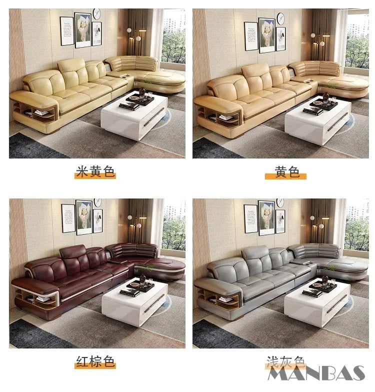 Luxury L-Shaped Genuine Leather Sectional Sofa Sets with USB, Bluetooth Speaker - Linlamlim Living Room Italian Leather Couches