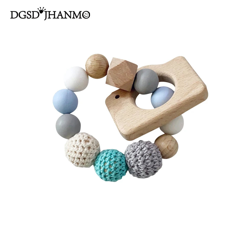 Baby Teether Bracelet Crochet Wood Crafts Engraved Bead Food Grade Silicone Beads Wood Animal Pendant Teething Toys For Rattle