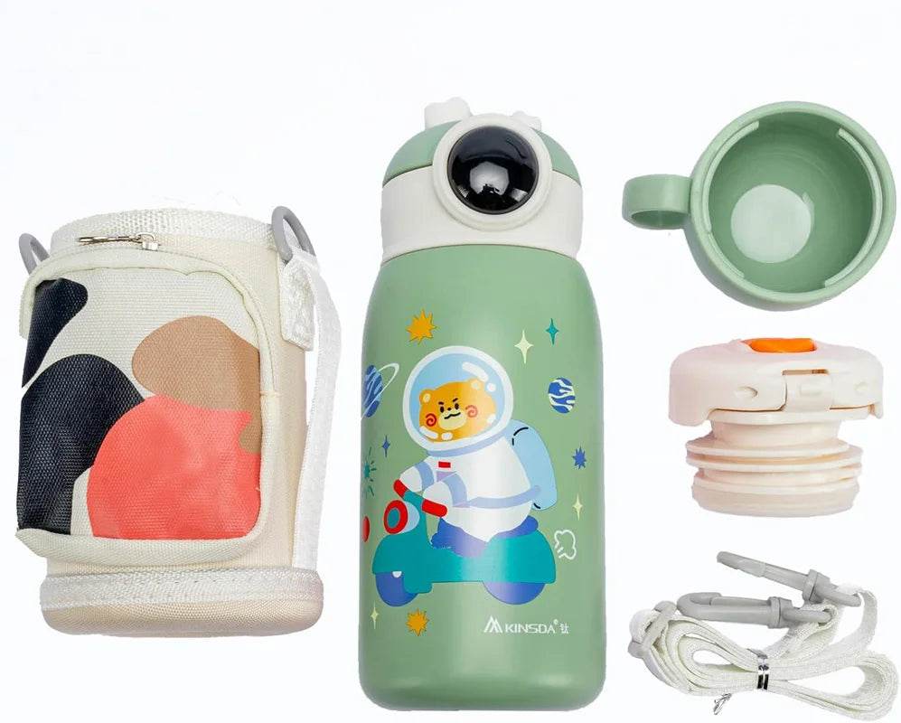 Kids Titanium Insulated Water Bottle, 2 Lids, 19 oz, Leak Proof, Crossbody Mug, Straw - AIAZ
