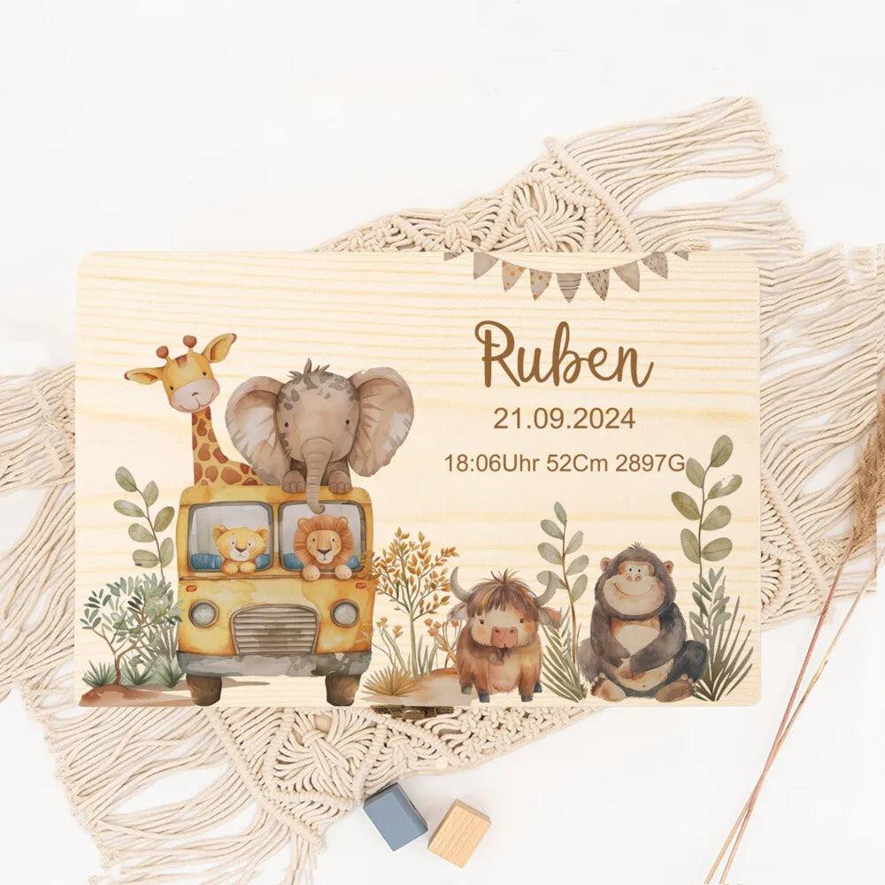 Personalized Memory Box with Trip Animals for Storing Keepsake Baby Baptism Gift Newborn Birth Stats Boxes Umbilical Cord Case