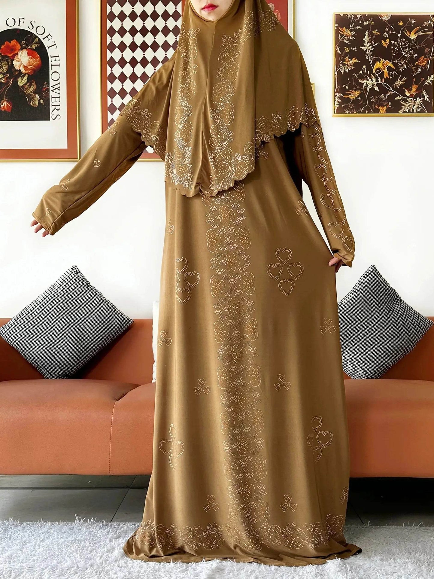 Muslim Two Piece Set Hijab Prayer Dress Fashion Abaya Set Women Prayer Garment Hijab Long Khimar Long Dress Sets Islamic Ramadan - AIAZ