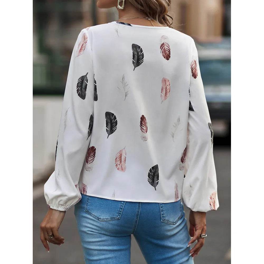 Fashion Woman Blouse Shirts For Women Stylish Top long Sleeve Feather Pattern Female Tops Elegant Chiffon Mujer Woman Clothes - AIAZ