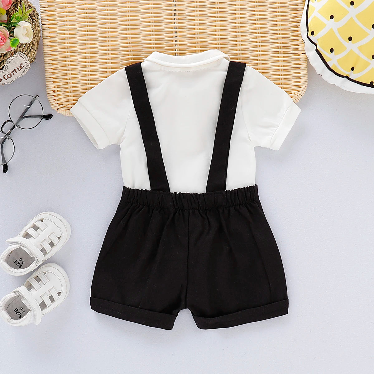 0-24 Months Newborn Baby Boy Gentlemen Clothes Set Bowtie Short Sleeve Cotton Romper+Suspender Pant Toddler Summer 2PCS Outfits