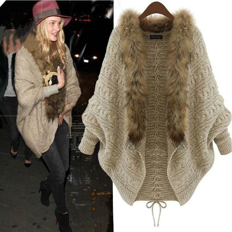 Women Cardigan Sweater Thick Poncho Capes Autumn Winter Femme knitted Bat Sleeve Fur Collar Wool Sweater Knitted Long Cardigan - AIAZ