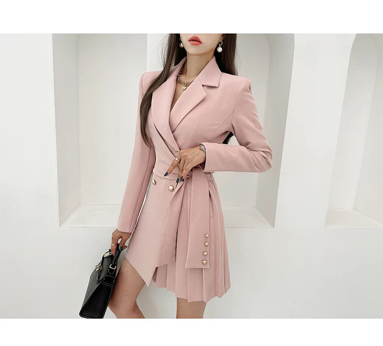 H Han Queen Autumn Winter Dresses Korean Lace-Up Professional Jacket Vestido Elegant Fashion Slim Office Party Casual Dress