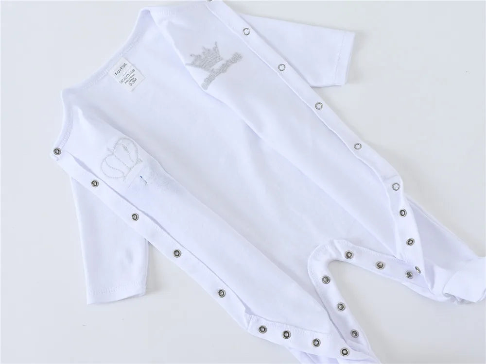 Newborn Baby Boys Romper Royal Crown Prince 100% Cotton Clothing Set with Cap Gloves Infant Girl One-Pieces Footies Sleepsuits