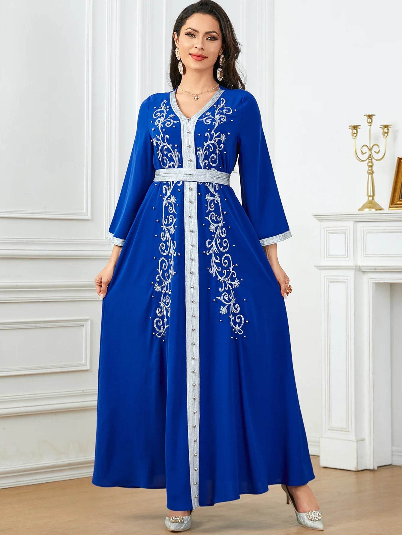 Muslim Fashion Beading Ebroidered Print V-neck long-sleeved Dress Moroccan Islamic Dress With Belt Elegant Party Dress - AIAZ