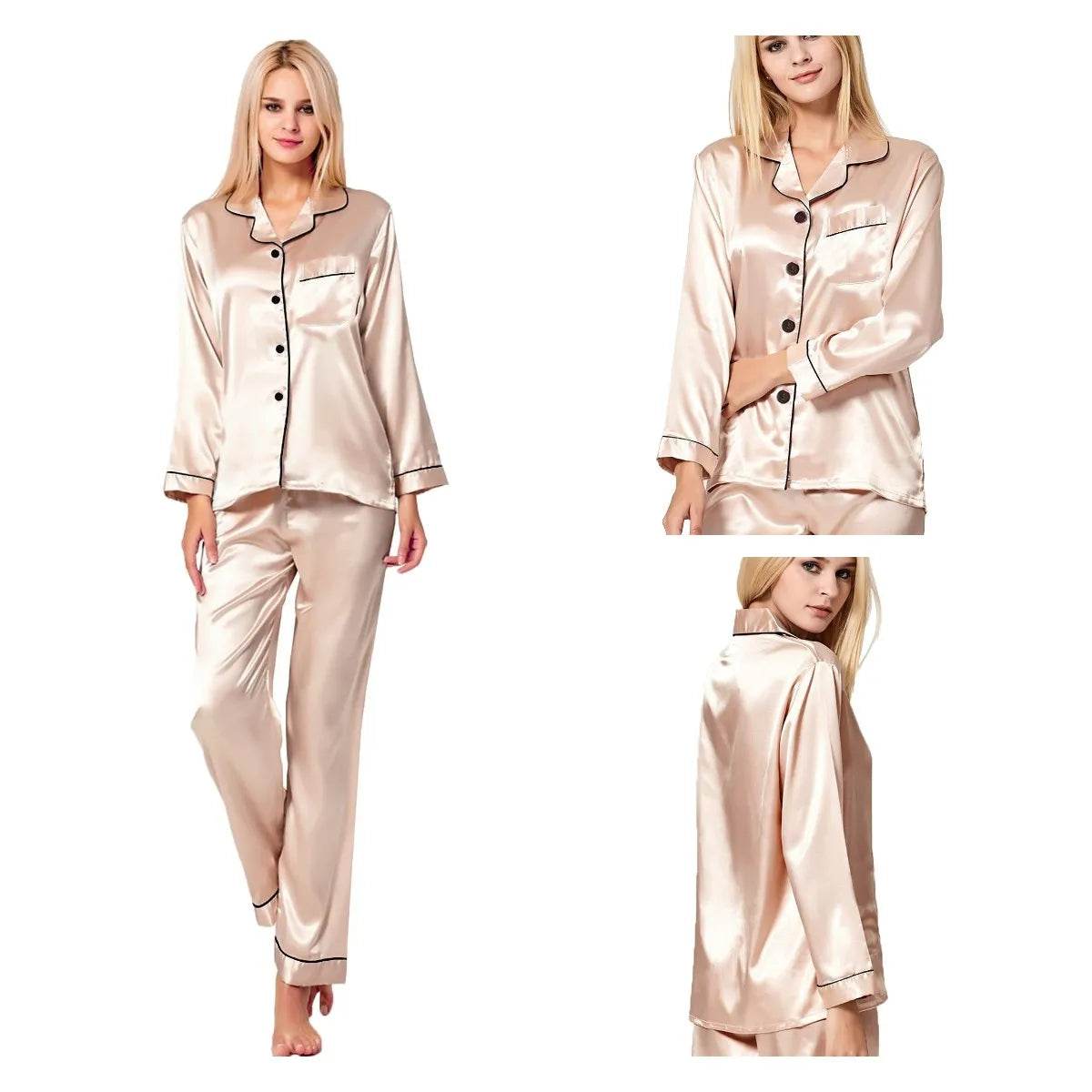 Womens Silk Satin Pajamas Loungewear Two-piece Sleepwear Button-Down Full Sleeve Long Pj Set - AIAZ