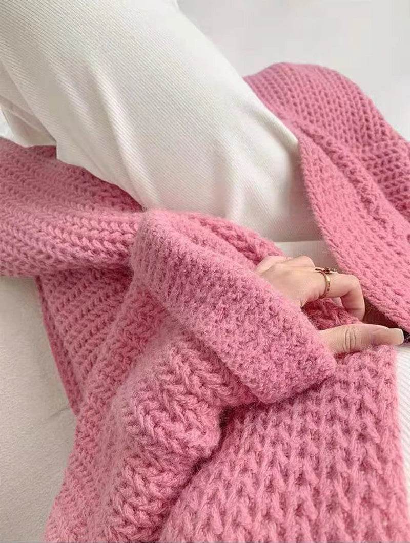 Korean Cardigan Sweater for Women Autumn Winter Loose Lazy Style Female Midi Knit Coats Fashion V Neck Casual Big Pocket Jumpers - AIAZ