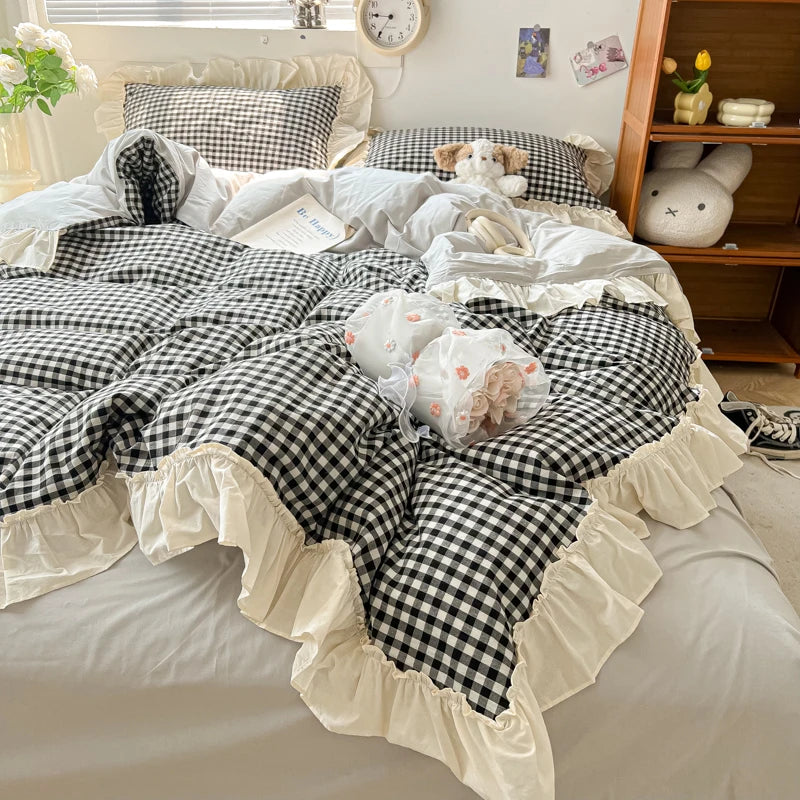 Korean Princess Style Bedding Set Soft Skin-friendly Lattice Lace Ruffles Quilt Cover Plaid Style Duvet Covers Set Pillowcases