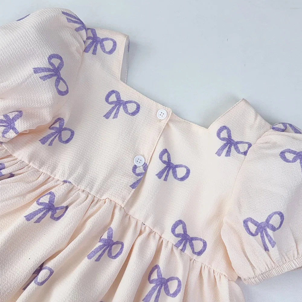 Bear Leader Short Sleeved Girls Clothing Summer New Bow Print Casual Dresses Sweet and Cute Kids Clothes for 3-7 Years Wear