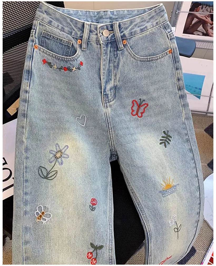 Vintage Embroidered Jeans Trousers For Women Summer 2025 New Korean Fashion High Waist Straight Retro Casual Denim Pants - AIAZ
