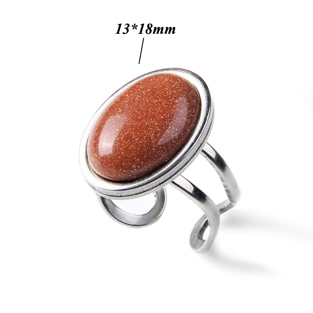 Cabochon Natural Stone Ring 10*14MM Oval Agates Turquois Quartzs Gem Finger Ring Silver Color Adjustable Open Rings Jewelry Gift