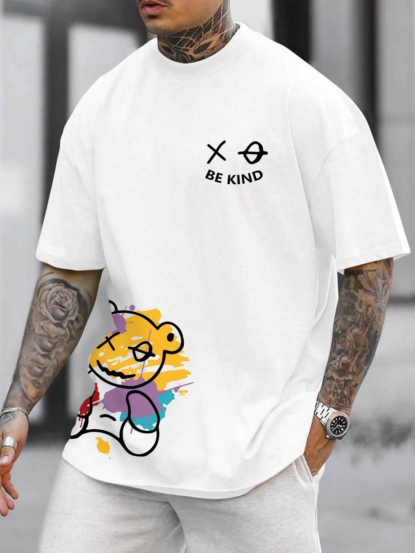 Men's 100% pure cotton summer loose size BE KIND letter cartoon print casual comfortable round neck short sleeved T-shirt top - AIAZ