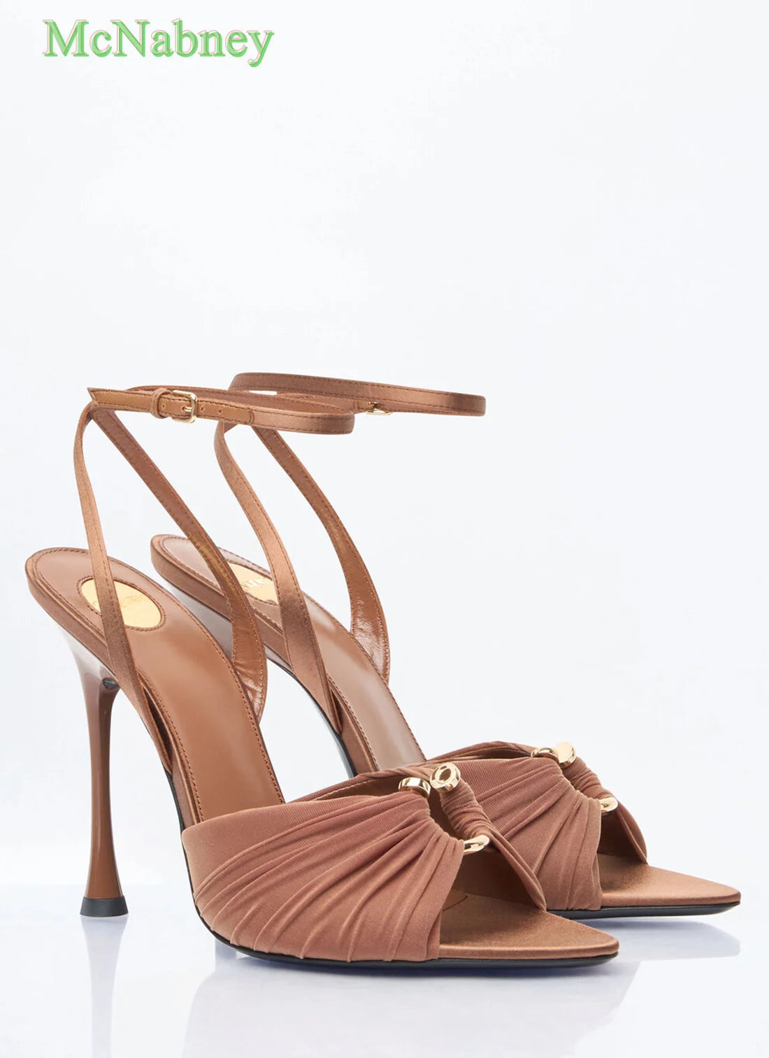 Brown Satin Pointed Toe Women Sandals Ankle Strap Buckle Thin High Heels Summer Stilettos Slingback Mules Women New Arrival 2025