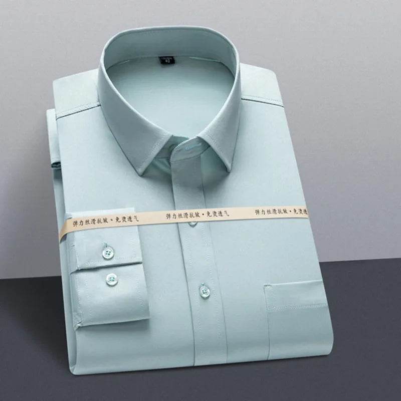 Classic Shirts For Men Long Sleeve Business Causal Stretch Soft Solid Formal Anti-wrinkle Non-iron Navy Party Wedding Blouse 5XL - AIAZ