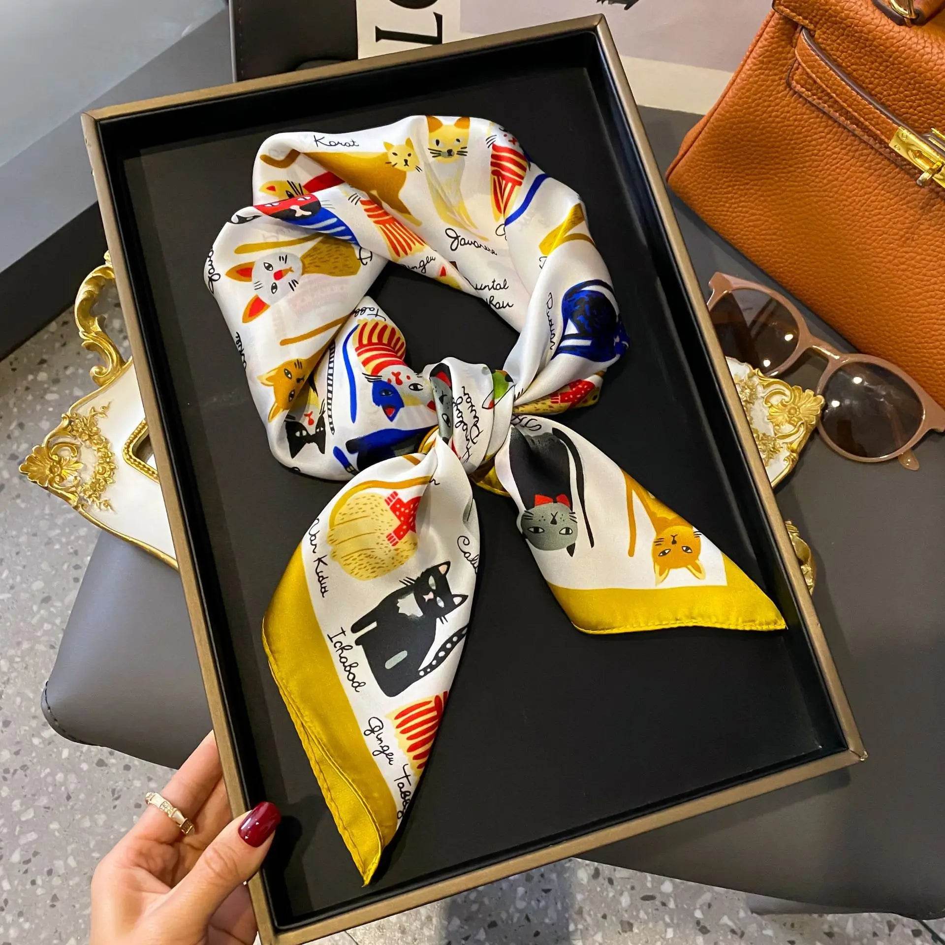 Luxury Chain Print Small Square Scarf Simulated Silk Thin Neck Scarf Fashion Sunscreen Headscarf For Women 70x70cm - AIAZ