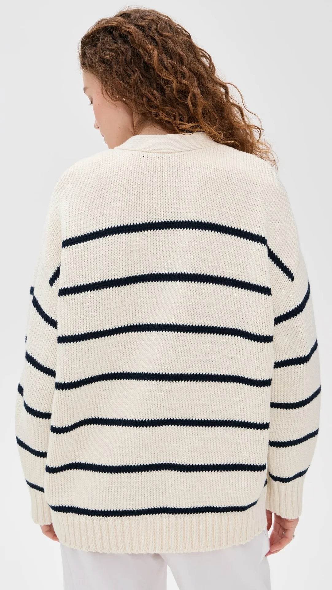 Casual Stripe Knitted Cardigan For Women 2025 Autumn Winter Single Breasted V-Neck Sweater Female Loose Coat - AIAZ