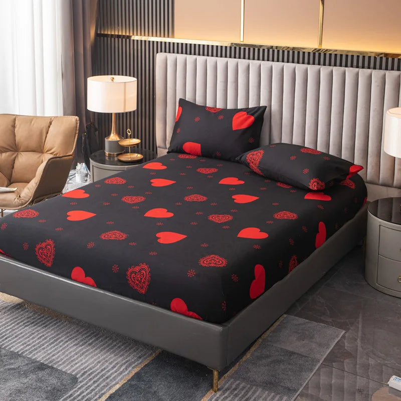 100% Polyester 3pcs Printed Sanding Fitted Sheet and pillowcases Set Elastic Band Around Mattress Cover King Size Bed Cover