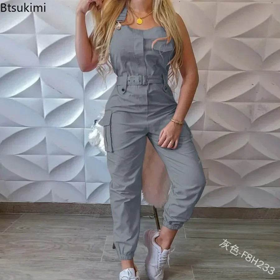 2025 Women's Casual Jumpsuits Cargo Playsuit Sleeveless O Neck Jumpsuit With Pocket and Belt Elegant Pencil Pants Loose Overalls - AIAZ