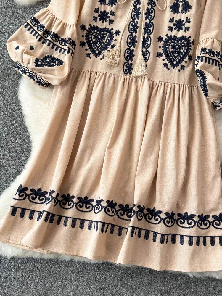 Women's Spring Summer Dress Bohemian Retro Ethnic Style Diamond Cotton Linen Blend Embroidered Lantern Sleeves Mini Dress A20 - AIAZ
