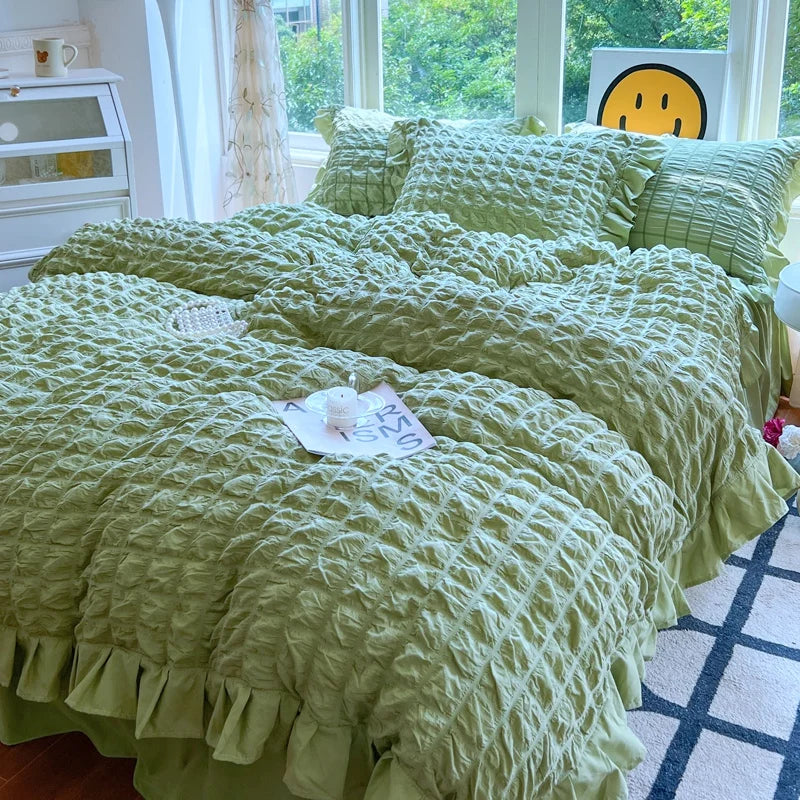 Korean Princess Style Lace Ruffles Bedding Set Skin-friendly Soft Seersucker Duvet Cover Set Bed Sheet Or Bed Skirt Pillowcases