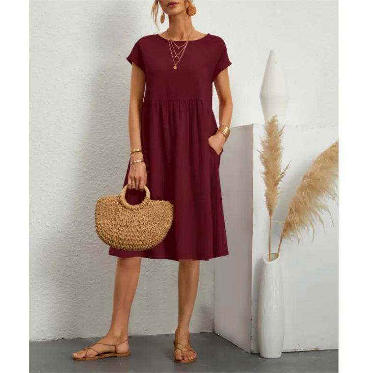 Women's Dresses 2025 Summer Fashion Casual Dresses Women Loose Mid Length Over Knee Dress New Short Sleeve Solid Dress Woman - AIAZ