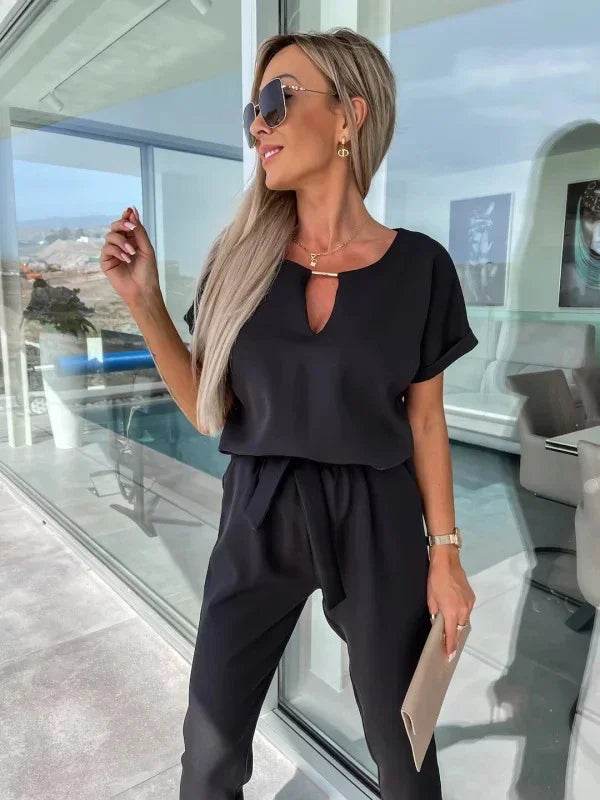 Jumpsuit Women 2023 Solid Color Short Sleeve V-neck Pocket Lace-up Pencil Long Pants Jumpsuits Summer Outfits Bodysuits - AIAZ