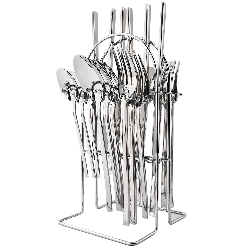 24pcs Knife Fork Spoon Dinnerware Set Rose Gold Tableware Stainless Steel Flatware Kitchen Cutlery Set with Luxury Storage Rack