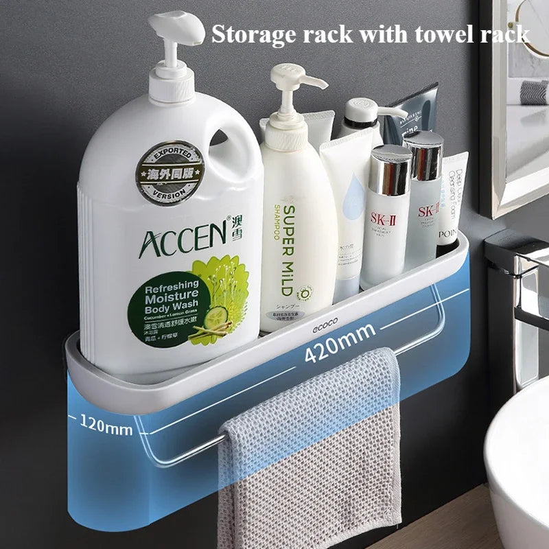ECOCO Bathroom Shelves Organizer Storage Rack Wall Mount Towel Shelf Shampoo Rack with Towel Bar Rack Kitchen Accessories