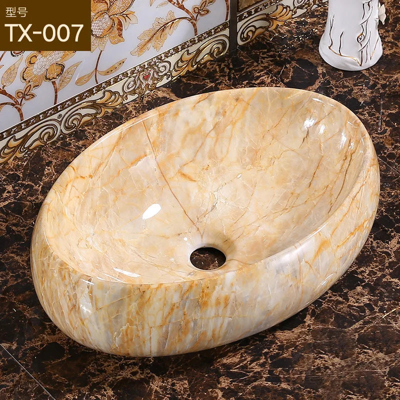 Marble Pattern Oval Bathroom Sink Home Stylish and Simple Ceramic Washbasin Hotel Balcony Countertop Art Basin for Washroom
