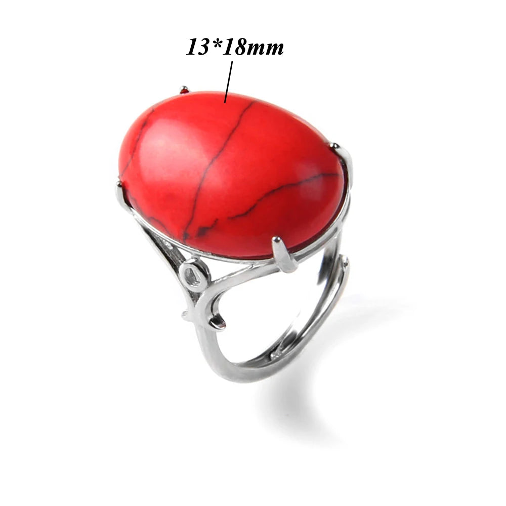 Cabochon Natural Stone Ring 10*14MM Oval Agates Turquois Quartzs Gem Finger Ring Silver Color Adjustable Open Rings Jewelry Gift
