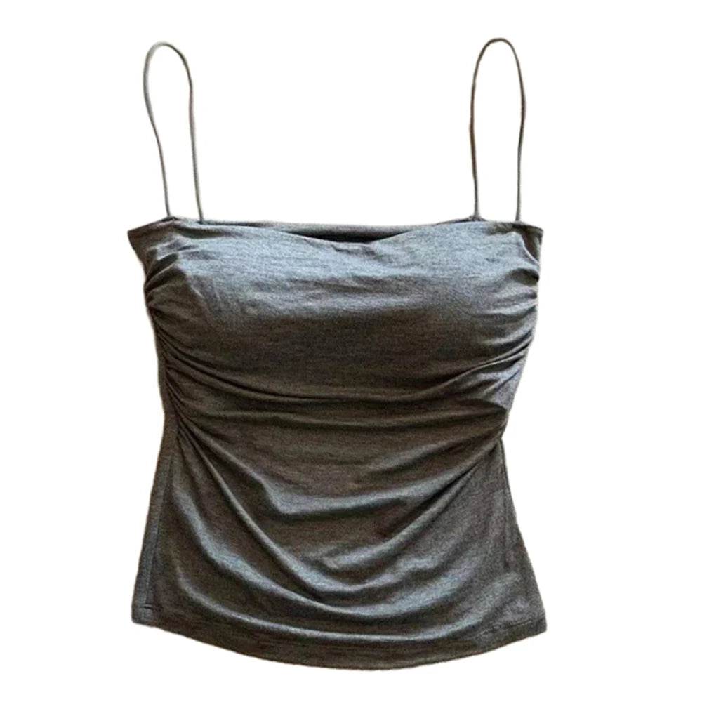 Summer Camisoles Tank Tops Women With Built In Bra Spaghetti Strap Tanks Vest Sleeveless Tees Cropped Top Solid Color Casual Top - AIAZ