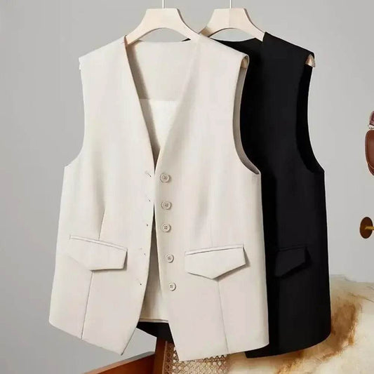 Women Suit Vest Elegant Women's V Neck Business Vest Sleeveless Waistcoat for Office Commute Style Solid Color Single-breasted - AIAZ