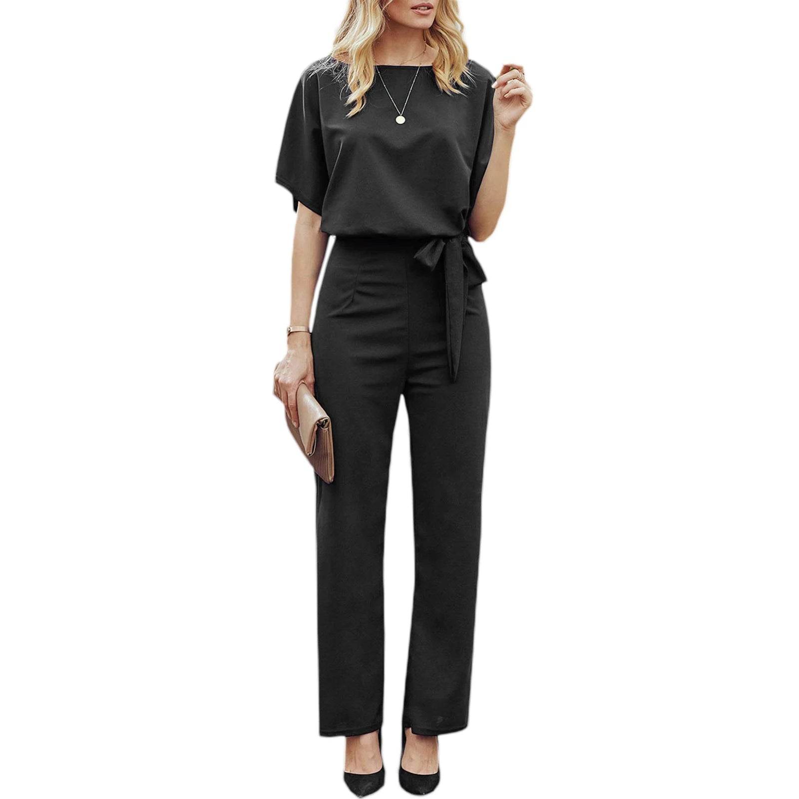 Women's clothing summer 2024 Jumpsuit, Elegant Short Sleeve Hollowed Waist Tie Solid Summer Wide Leg Pants - AIAZ
