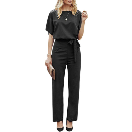 Women's clothing summer 2024 Jumpsuit, Elegant Short Sleeve Hollowed Waist Tie Solid Summer Wide Leg Pants - AIAZ
