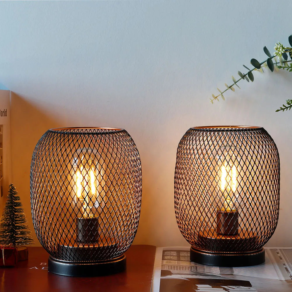 2Pcs Metal Cage Table Lamp Round Shaped LED Lantern Battery Powered Cordless Lamp for Weddings Party  Home Decor Candle Holder