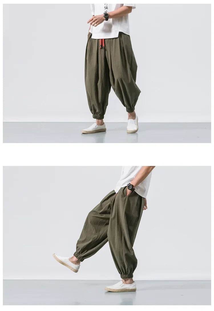 New Trendy Men Harem Pants Loose Oversized Style Cotton and Linen High Quality Jogger Sweatpants Casual Male Trousers - AIAZ