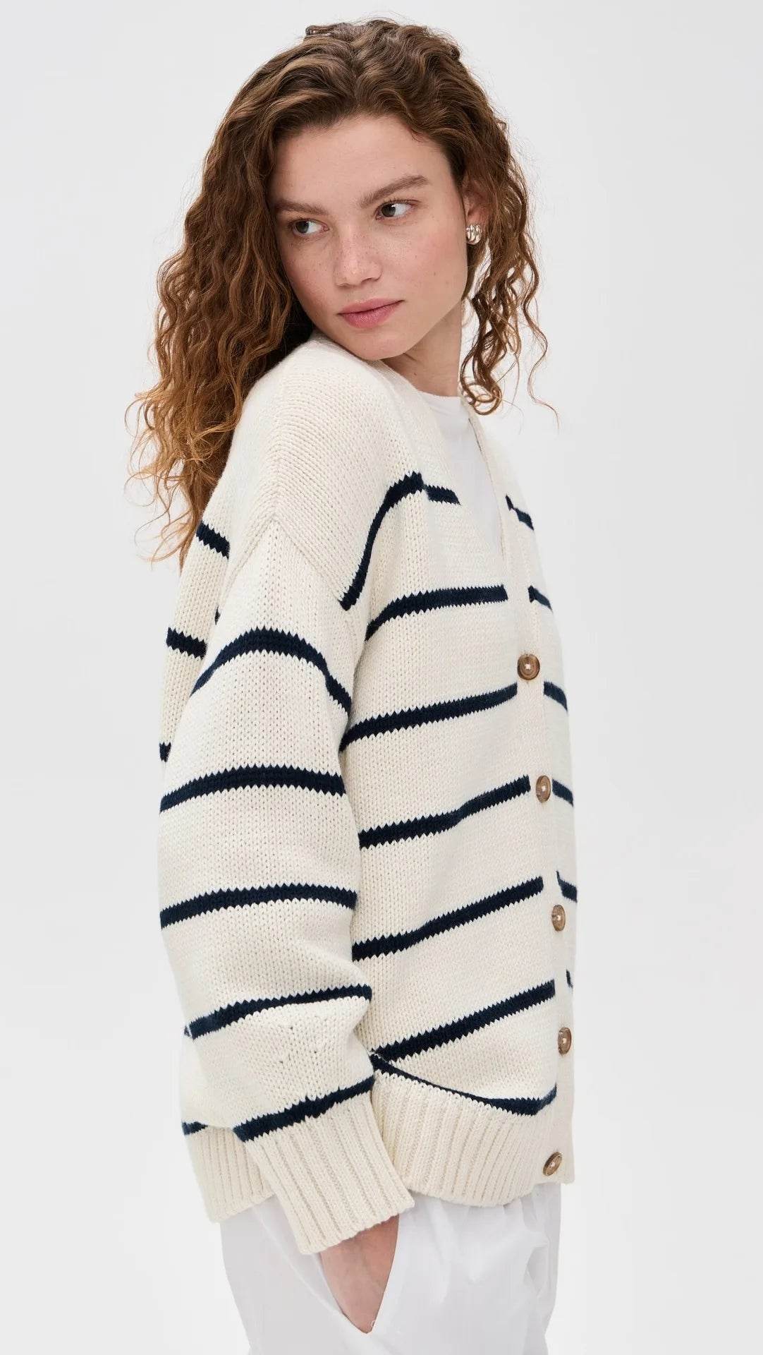 Casual Stripe Knitted Cardigan For Women 2025 Autumn Winter Single Breasted V-Neck Sweater Female Loose Coat - AIAZ