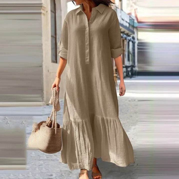 2025 Women's Linen Shirt Dress - Asymmetrical Hem Button Down Casual Dress - AIAZ