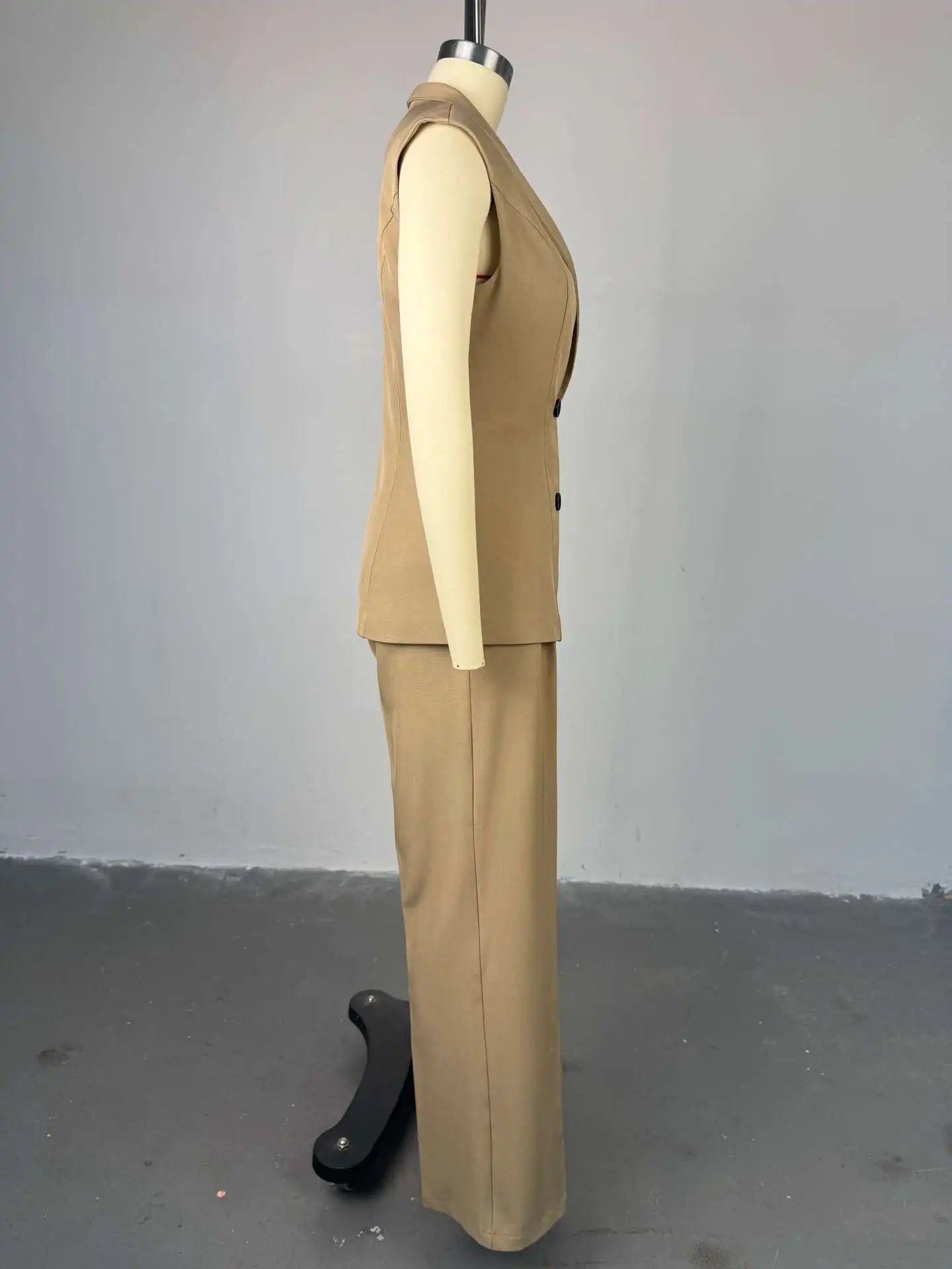 Street Slim Vest Pant Outfit Spring Women Sleeveless Double Breasted Tank Top+High Waist Zip Wide Leg Pants Summer Two Piece Set