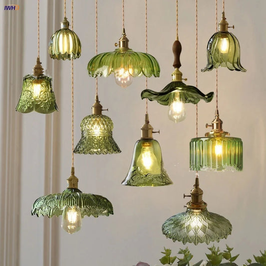 IWHD Nordic Modern LED Pendant Lights Coffee Living Room Balcony Green Glass Copper Knob Switch Hanging Light Fixture Luminaira
