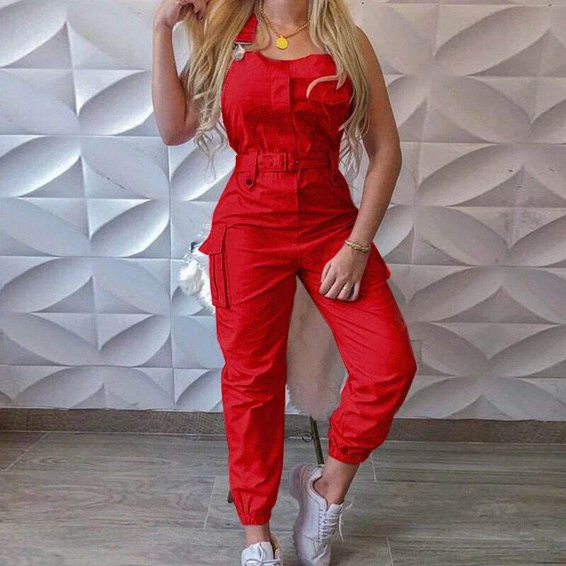 Women's Workwear Jumpsuits Summer Casual Simple Sleeveless Strap High Waist with Belt Fashion Solid Female Bound Feet Jumpsuits - AIAZ