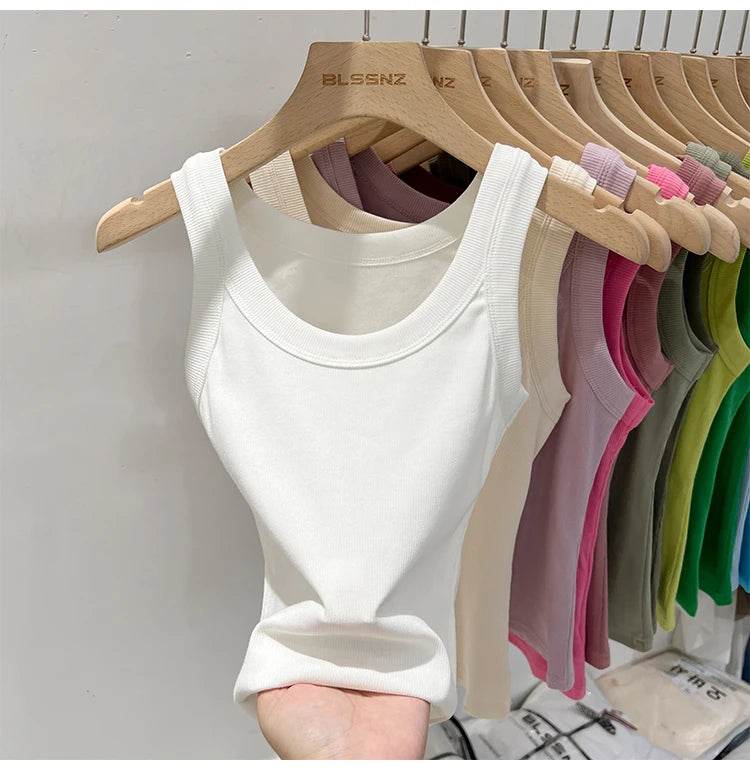 Women Solid Round Neck Ribbed Tank Top Camisole Women 2025 Summer Basic Elastic Tank Top O Neck Solid Tank Top - AIAZ